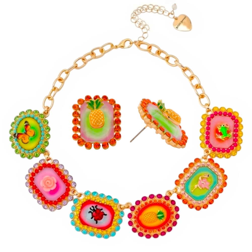 💛▪️Betsey Johnson ▪Backyard Critter Colorful Gemstone Collar Necklace + Earring